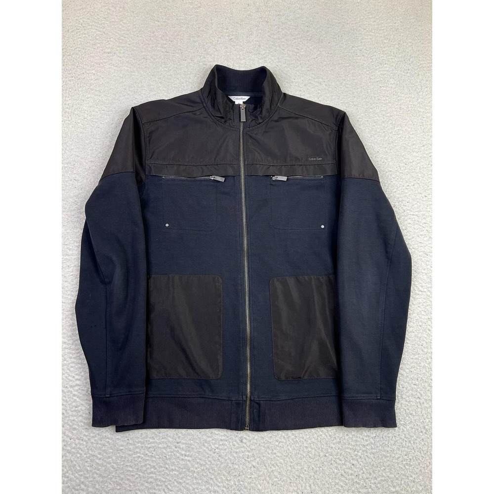 Calvin Klein Jacket Mens Medium Blue Mixed Media Bomber Full Zip Pockets Casual